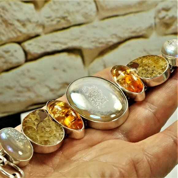 Rare Multi Stone 925 Silver Link Toggle Bracelet With Amber Ammonite Druzy MOP - Picture 4 of 16